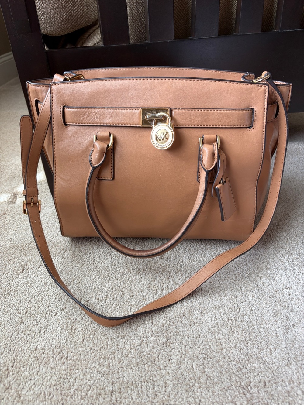 Michael Kors Camel Leather Satchel with Gold MK Pendant